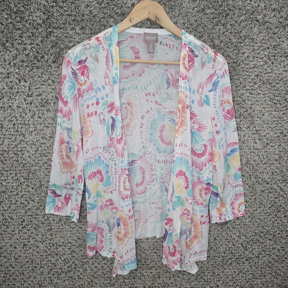 Chicos Cardigan Womens 2 US Large White Lightweight Open Front Floral Casual